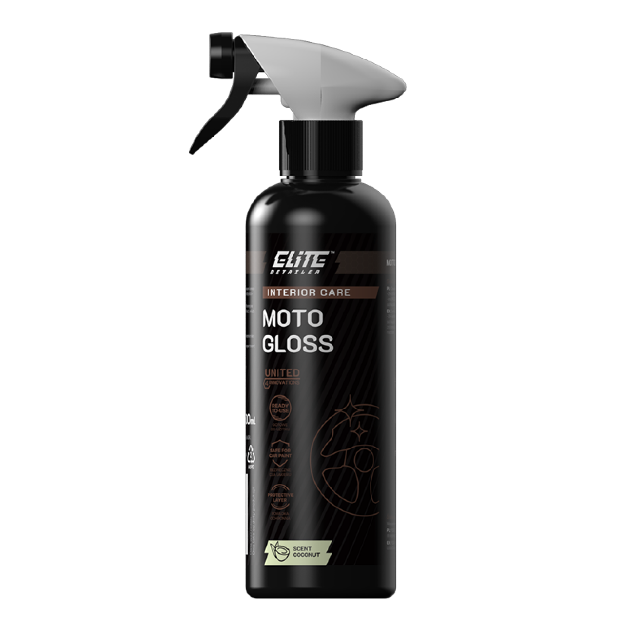 ProElite Moto Gloss 0,5L είναι ένα καινοτόμο, υψηλής τεχνολογίας προϊόν που αποκαθιστά το μαύρο χρώμα σε πλαστικά και ελαστικά μέρη του χώρου του κινητήρα. 