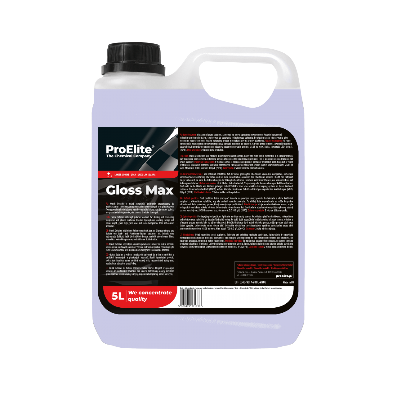 ProElite Gloss Max 5L Υδροφοβικό Κερί Για Γρήγορη Λεπτομέρεια με Έξτρα Λάμψη και Προστασία Χρώματος